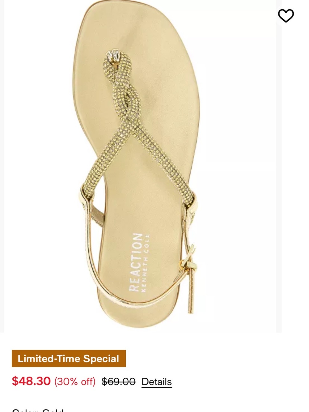Kenneth Cole Reaction Gold Rhinestone Knot T-Strap Sandals